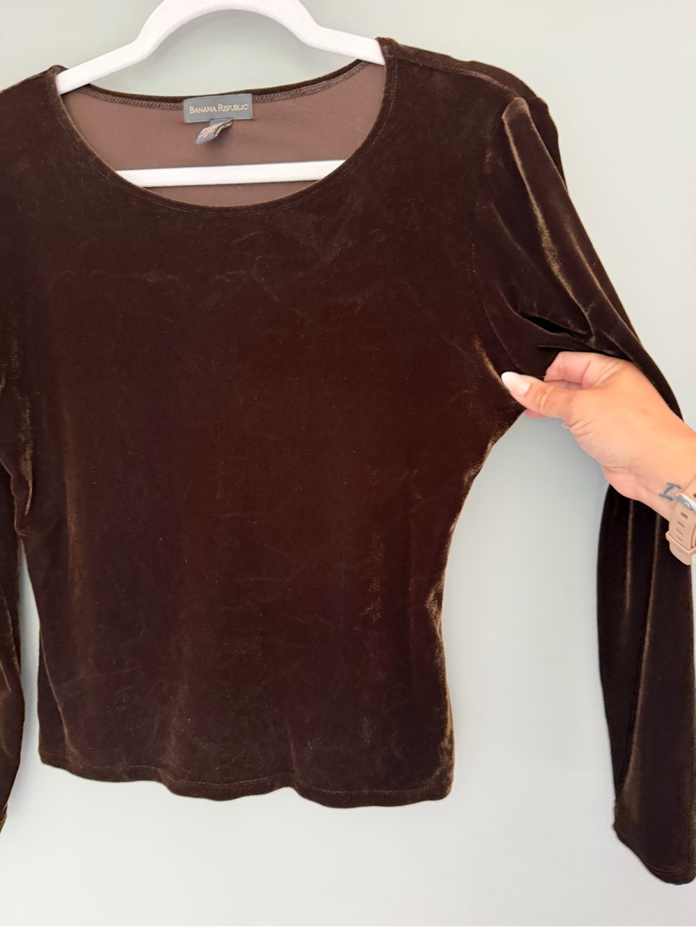 Vintage 90s Banana Republic Chocolate Brown Velvet Top Blouse USA Made Classic - Picture 5 of 13
